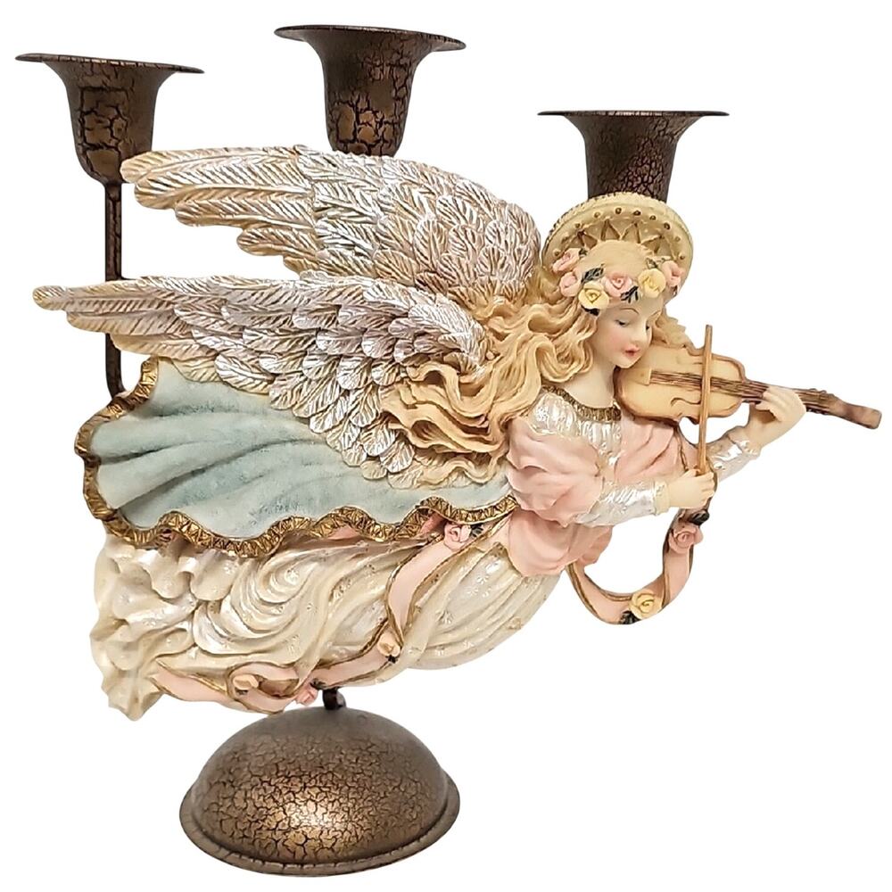 Sculpted Resin Heavenly Angel Candle Holder w/Violin 3 Candle Metal Candelabra